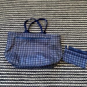 🌿LeSportsac Vintage Blue Grid Check 3 Pocket Tote Bag Pouch